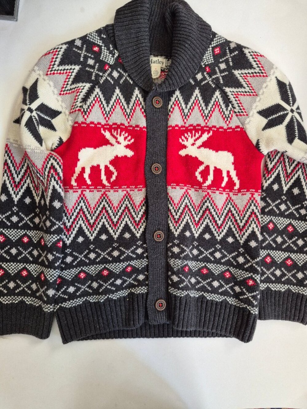 Hatley Kids Cardigan Sweater Size 8 –Moose Nordic Knit red white grey unisex
